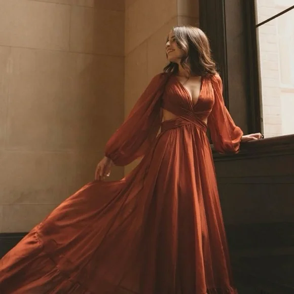 Mac Duggal Long Sleeve Cut Out Lace Up Tiered Chiffon Gown In Copper 67948 - Picture 5 of 8